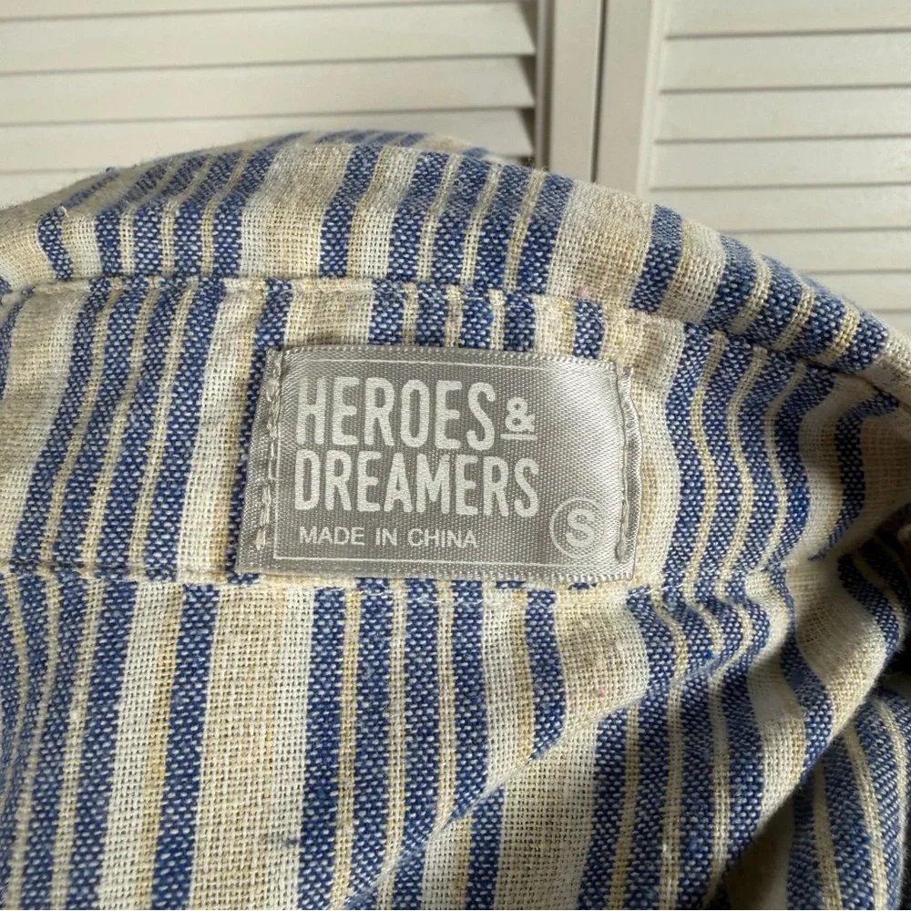 Heroes & Dreamers Striped Linen Blend Shirt Dress | Blue & Cream | Size S